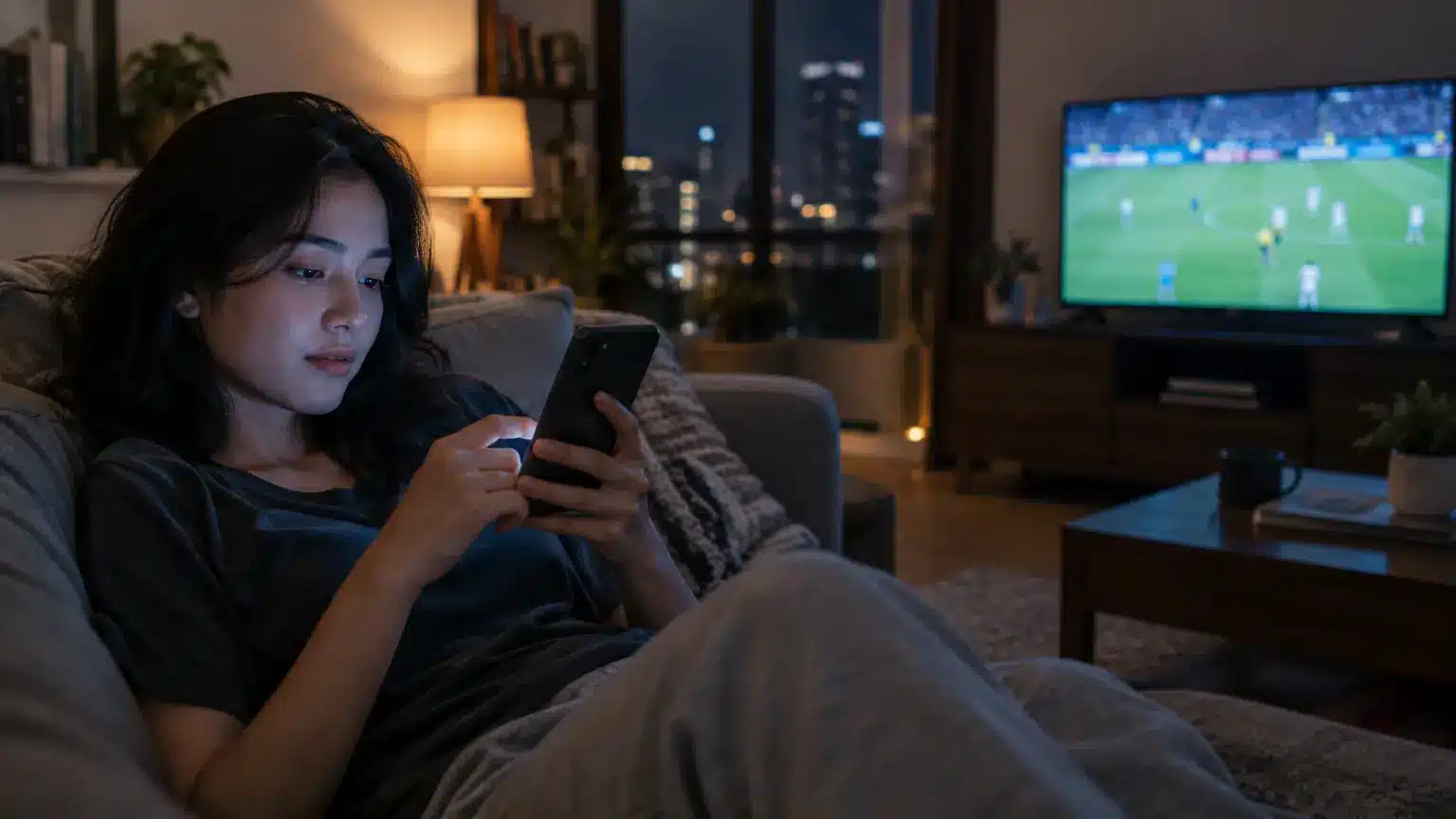 Woman using smartphone on sofa at night with soccer game on TV