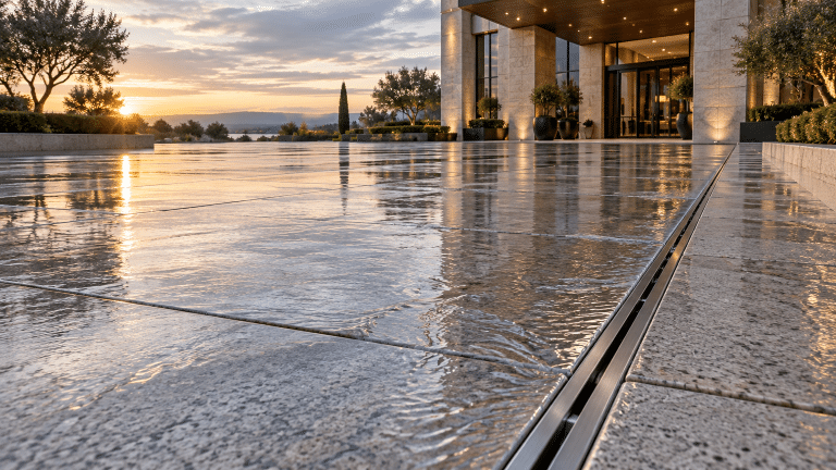 Sunset reflecting on wet stone patio outside modern building with potted trees