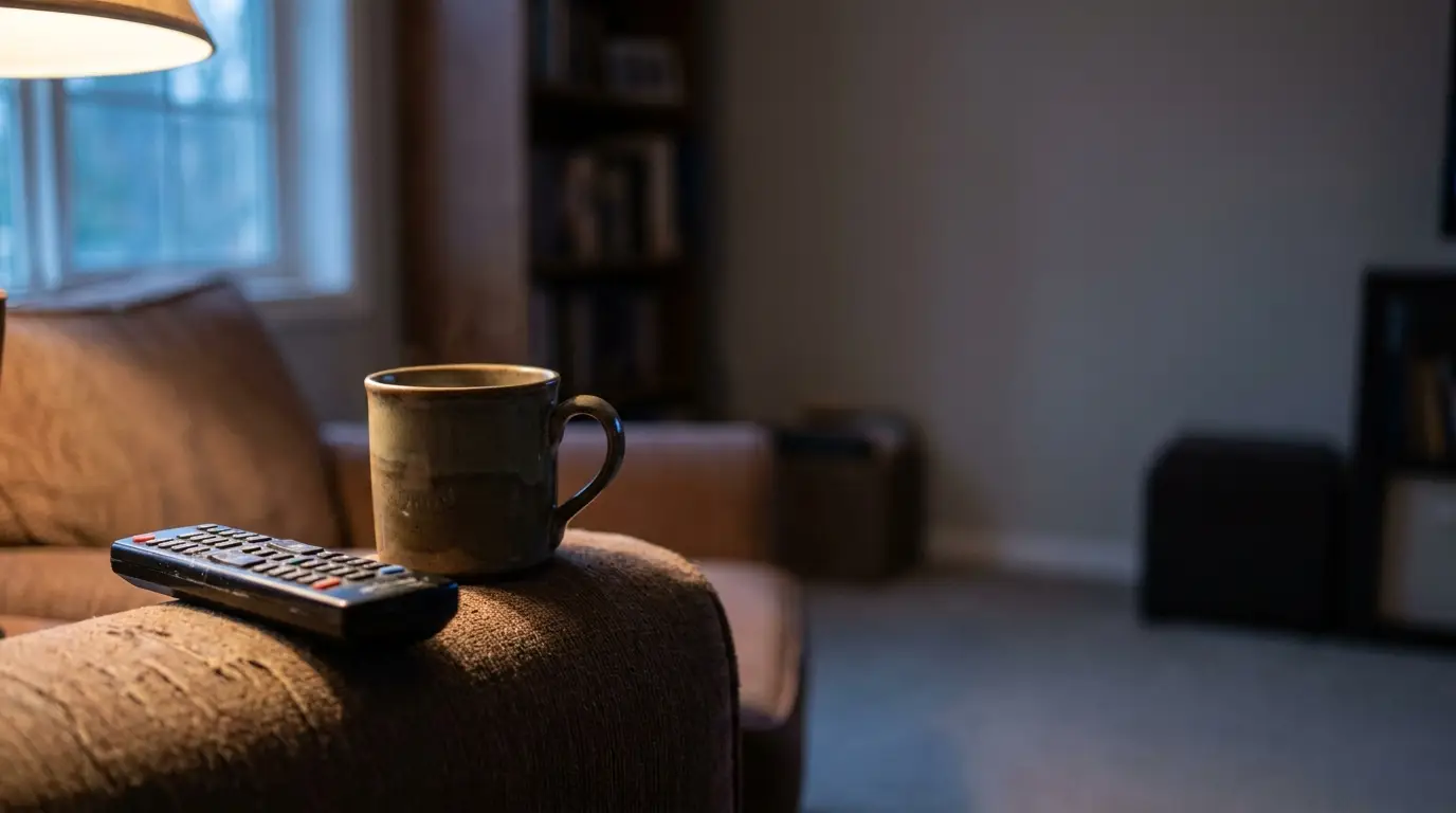 Television remote control and ceramic mug resting on a worn sofa arm in a dim living room