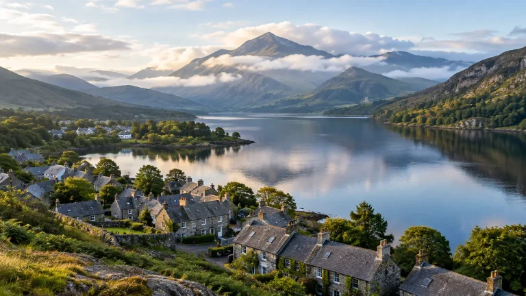 Stone cottages overlook tranquil lake with mountain backdrop under a soft morning light
