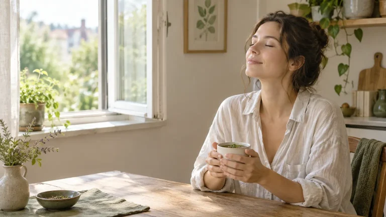 Woman enjoying hot drink at wooden table in sunny kitchen with potted plants