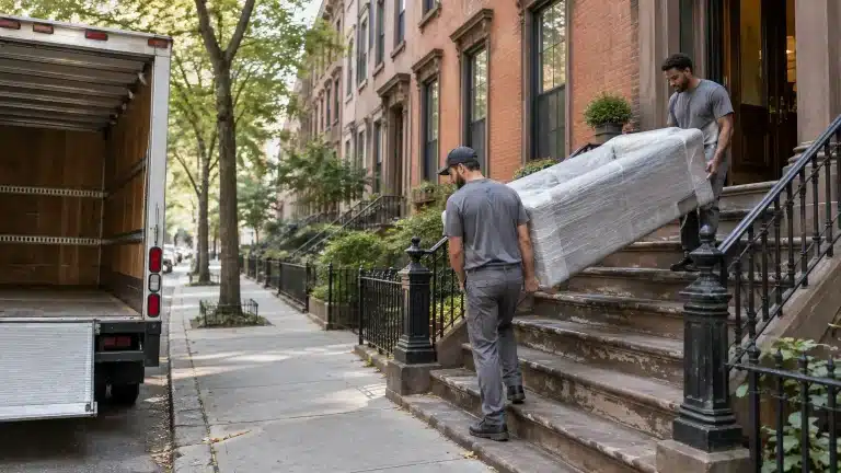 Movers carrying a wrapped sofa down brownstone steps towards a moving truck on a tree-lined street
