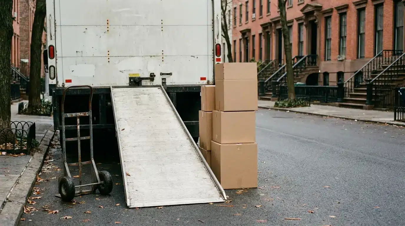 Moving truck with ramp and stacked cardboard boxes on urban street