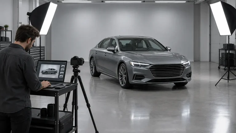 Silver sedan in photography studio with photographer editing car images on laptop