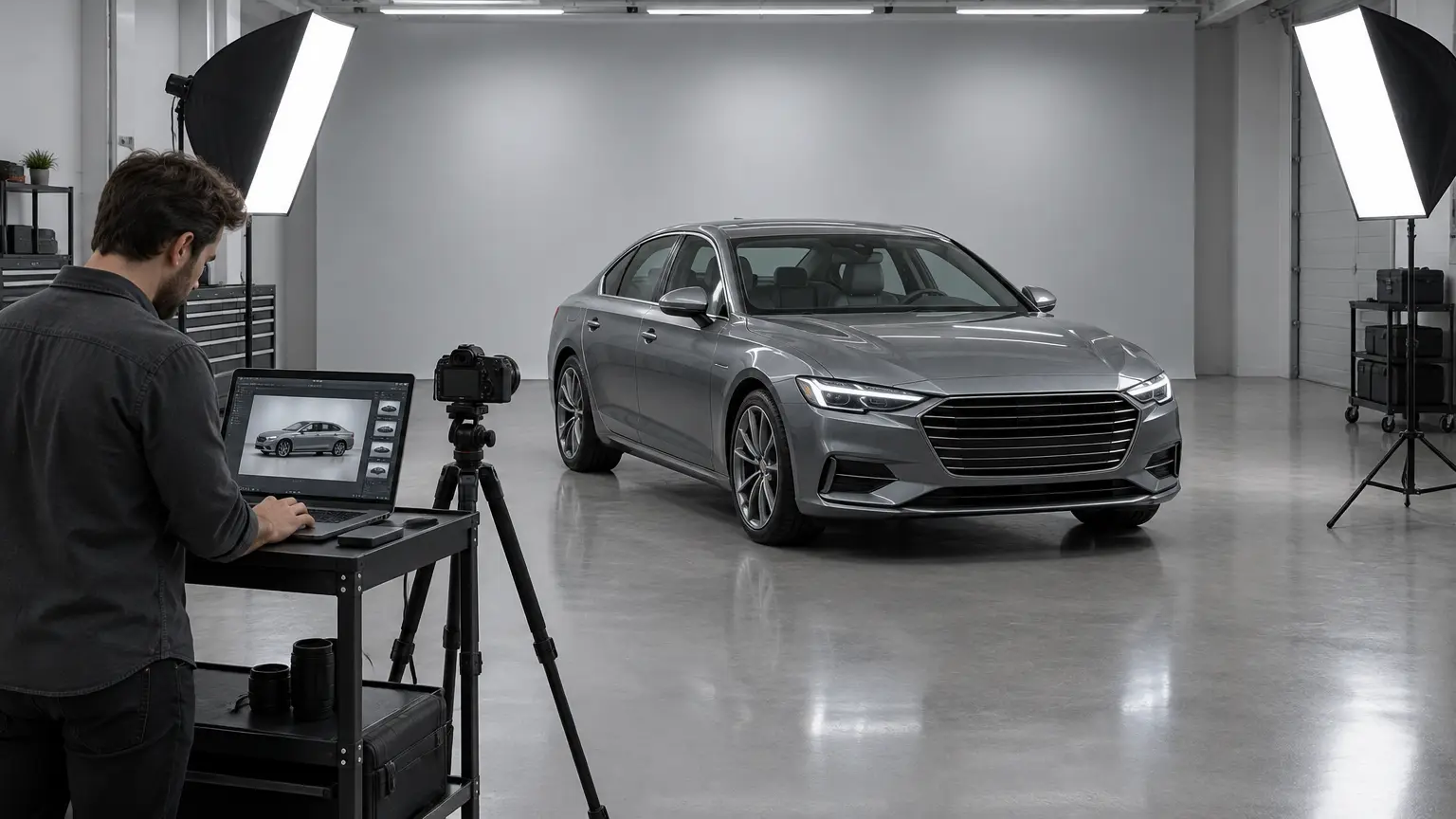 Silver sedan in photography studio with photographer editing car images on laptop