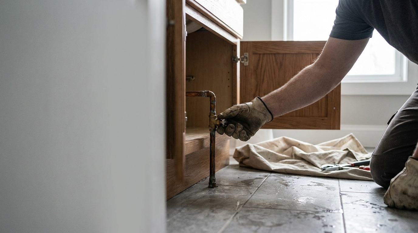 Person adjusting pipe under wooden sink cabinet in bright kitchen with tiled floor