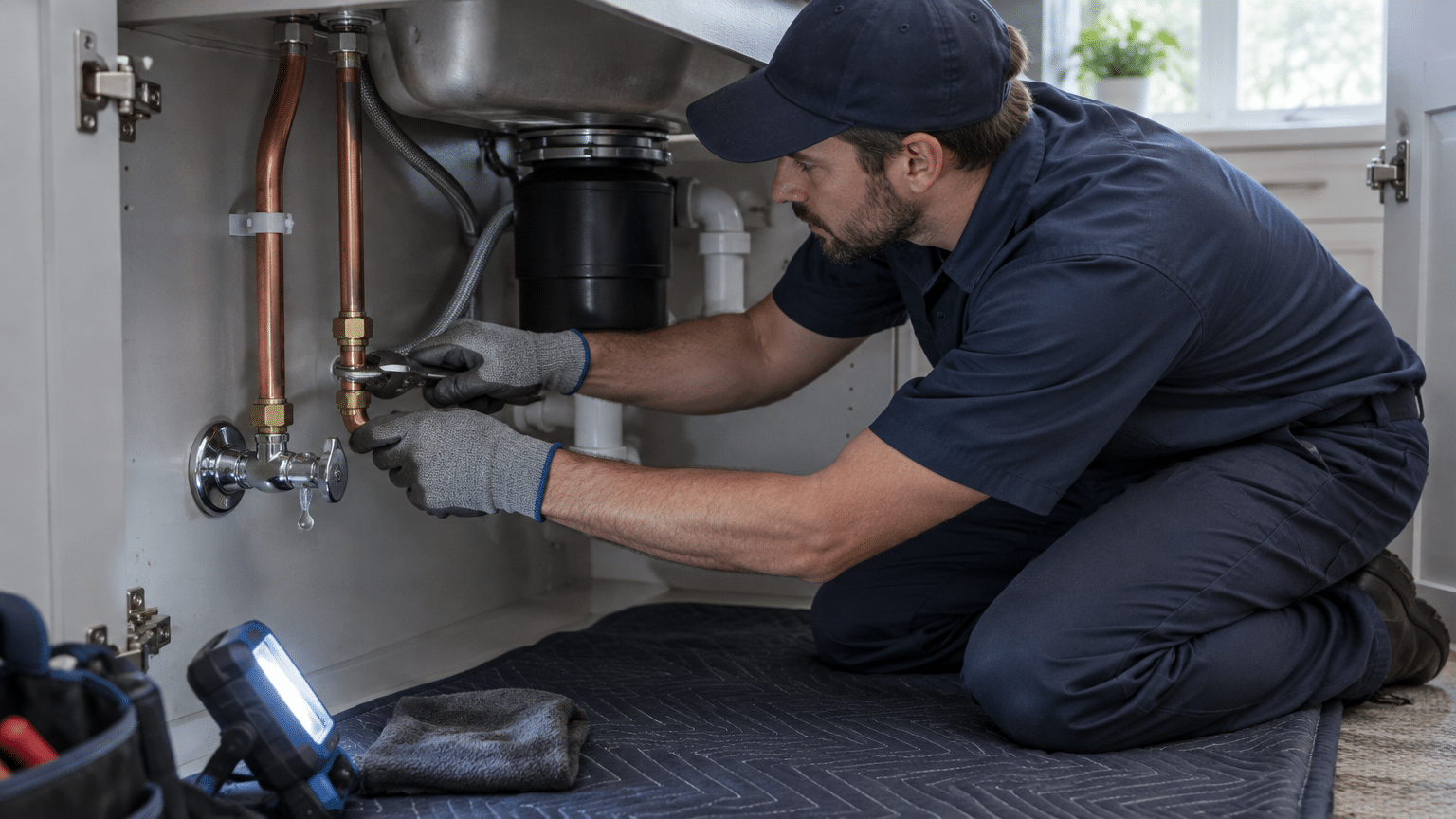 Plumber repairing copper pipes under kitchen sink with tools and work light nearby