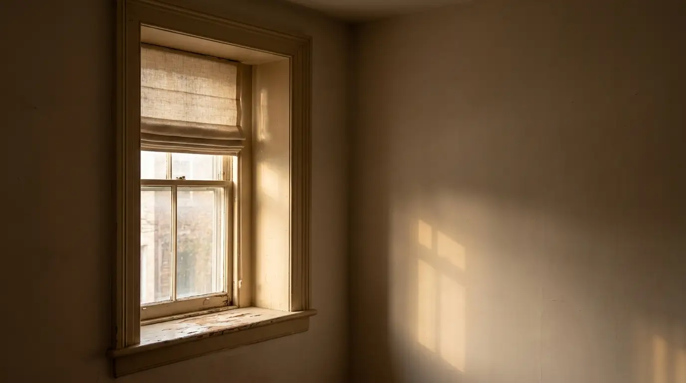 Window with beige Roman shade casting shadow on cream wall in soft warm lighting