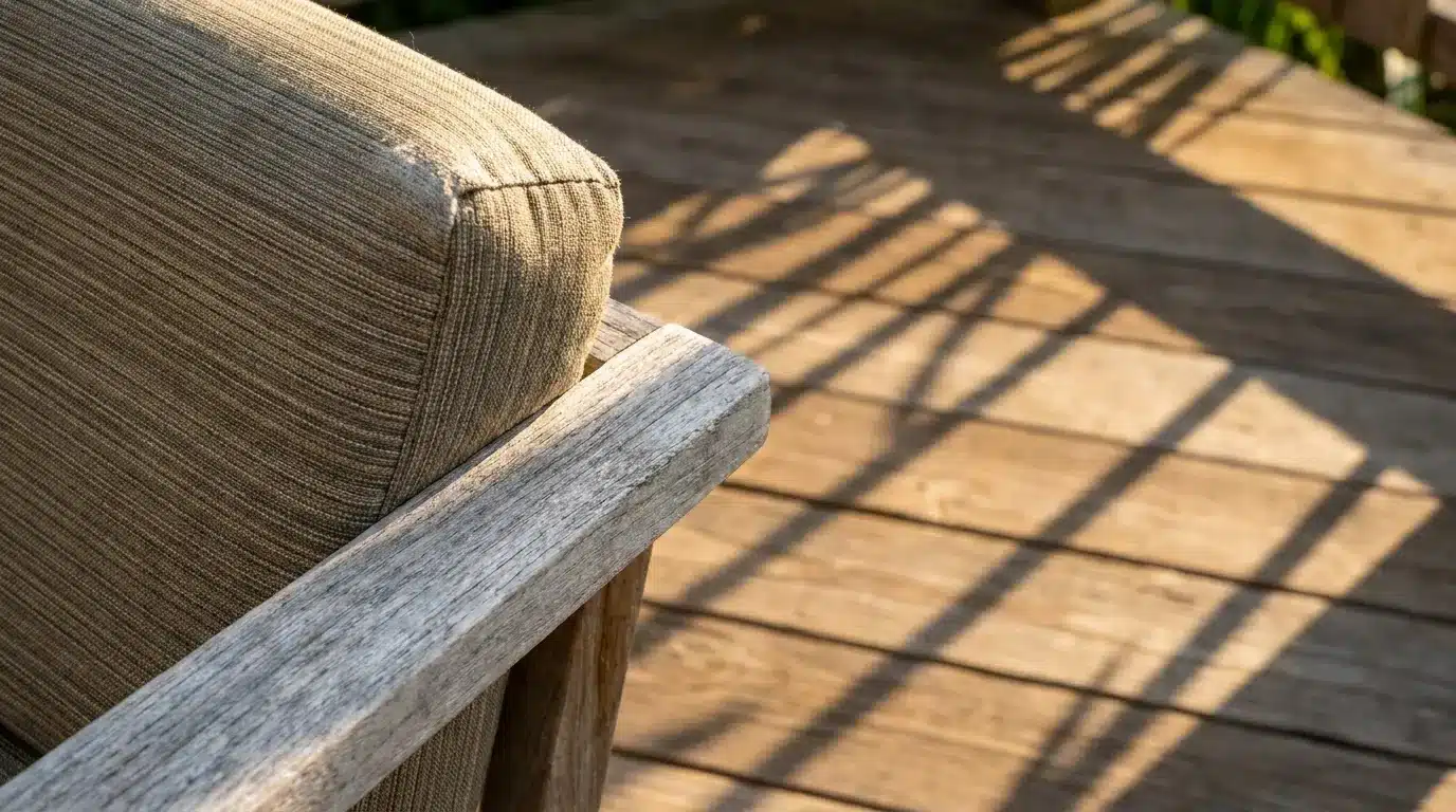 Wooden patio chair with striped cushion on sunlit deck