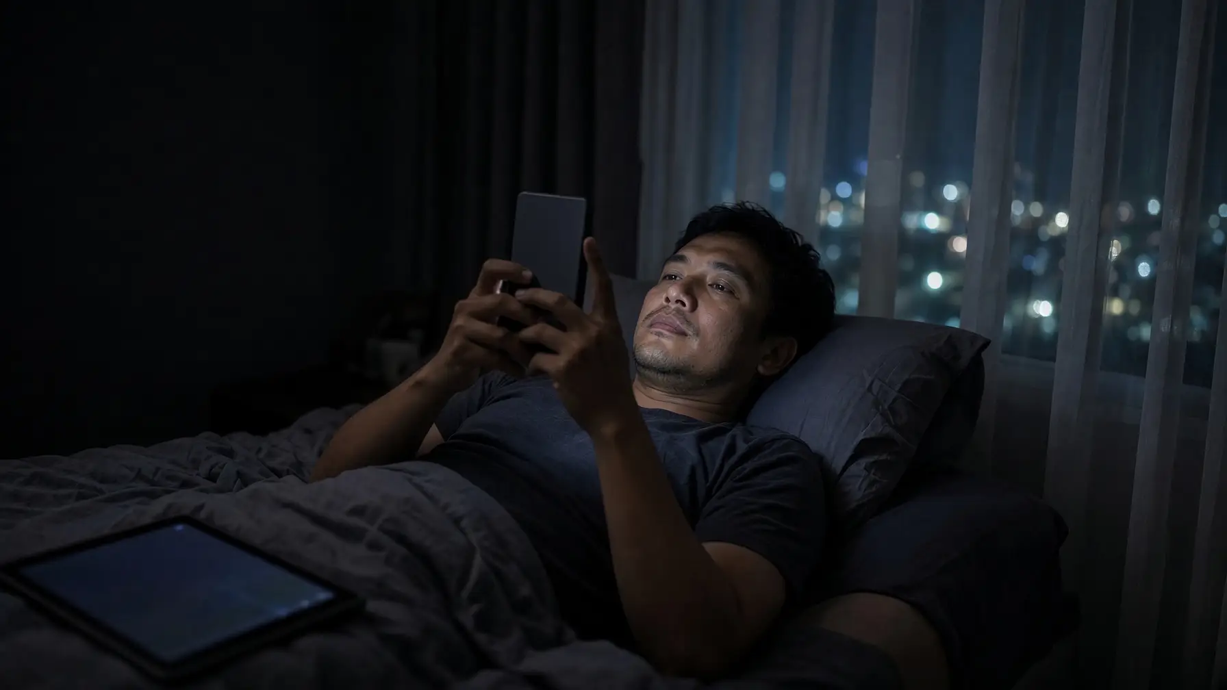 Man lying in bed using smartphone in dark room with city lights outside window