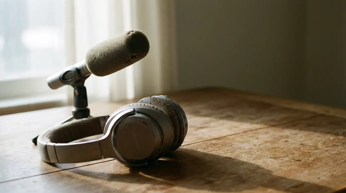 Microphone and headphones on a wooden table with soft natural light