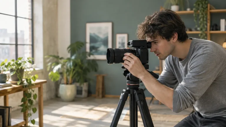 Person focusing camera on tripod in bright, plant-filled living room