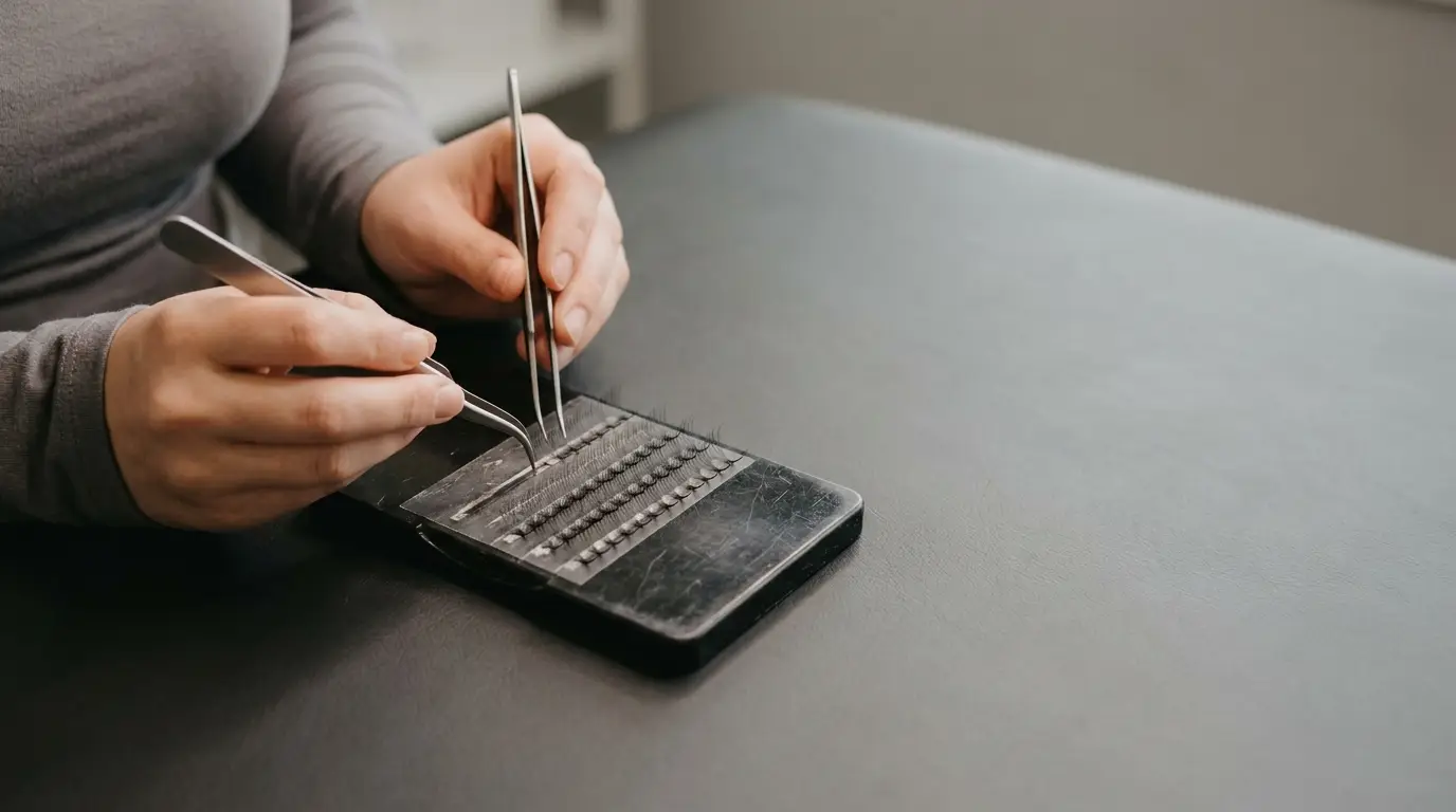 Hands holding tweezers arranging false eyelashes on black tray in salon setting