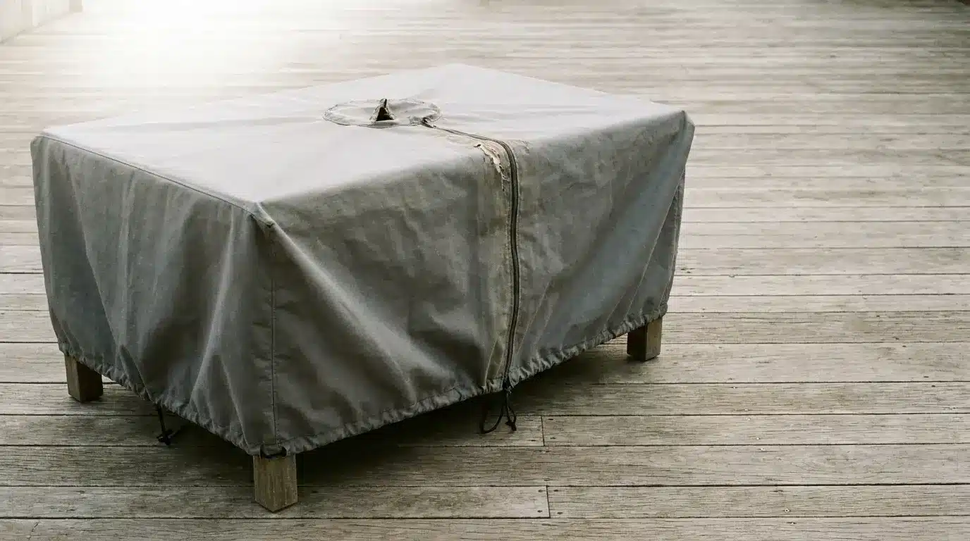 Rectangular table with protective cover on wooden patio deck in natural daylight
