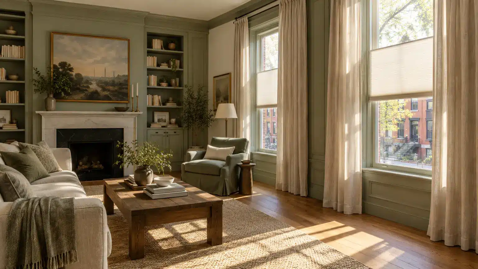 Elegant living room with green walls, comfortable seating, wooden coffee table, and large windows with curtains